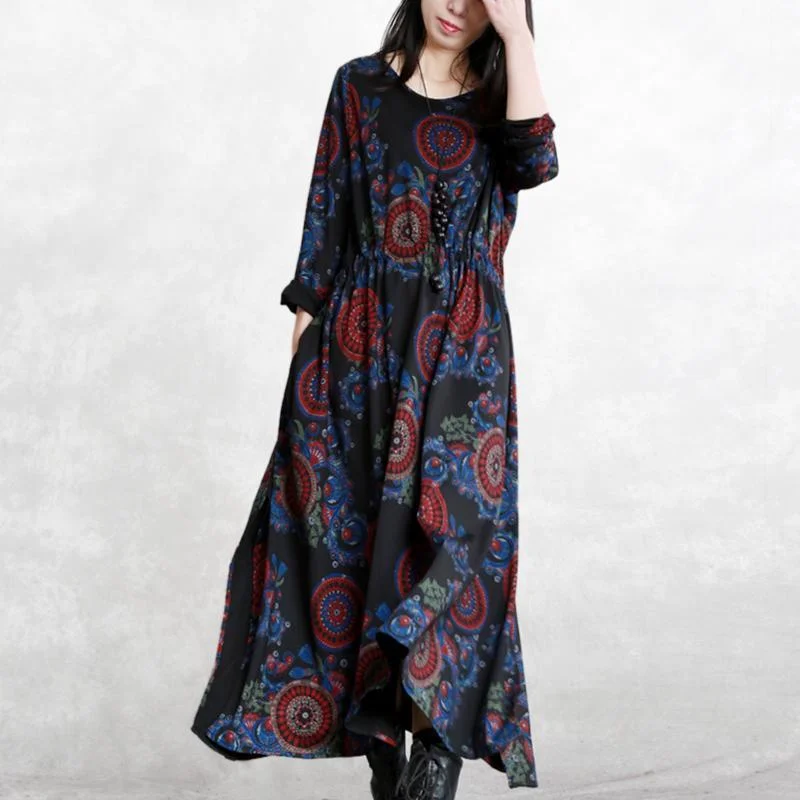 baggy black print natural cotton blended dress plus size clothing O neck pockets cotton blended gown boutique long sleeve tie waist autumn dress Plus Size Sleeves