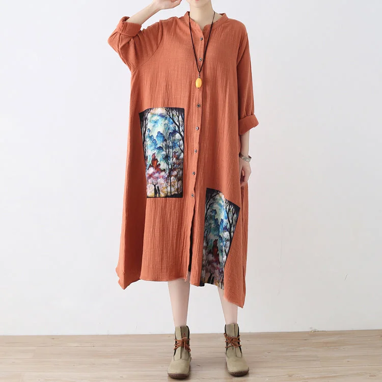 baggy orange long linen shirt dress plus size patchwork gown Fine asymmerrical linen caftans Plus Size Wrap