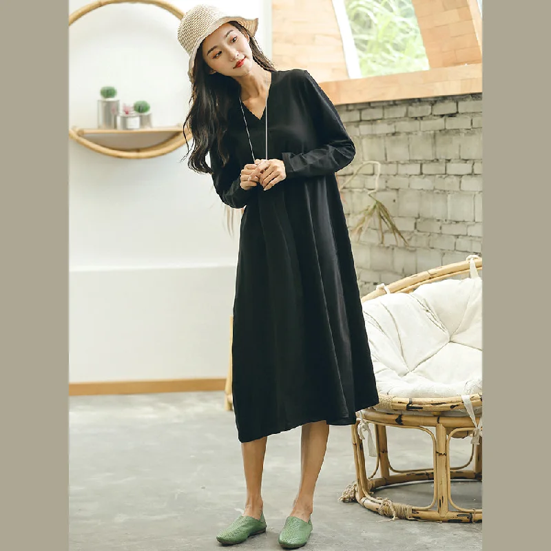 fine black plus size fall dresses baggy casual V neck Jacquard dresses Bold Plus Size