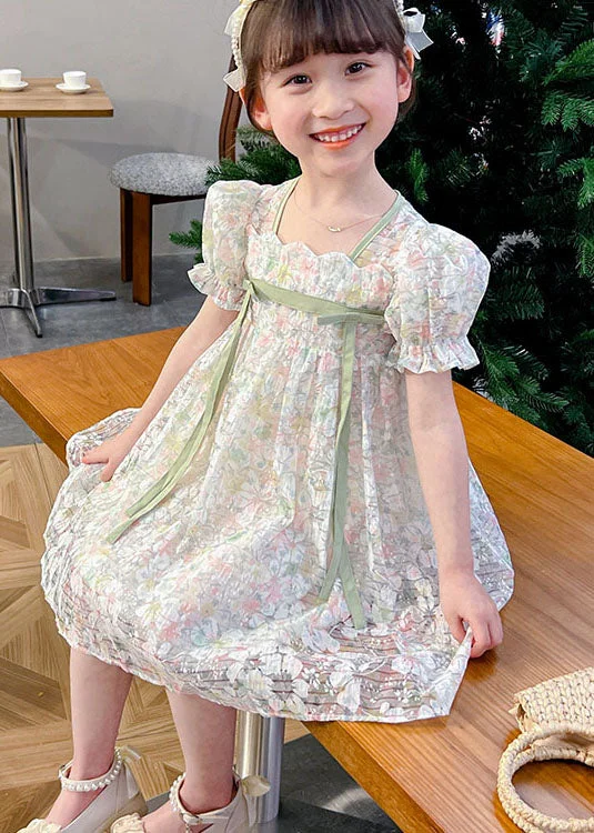 Cute Light Green Print Patchwork Tulle Kids Girls Dresses Summer Tiered Tulle Dress