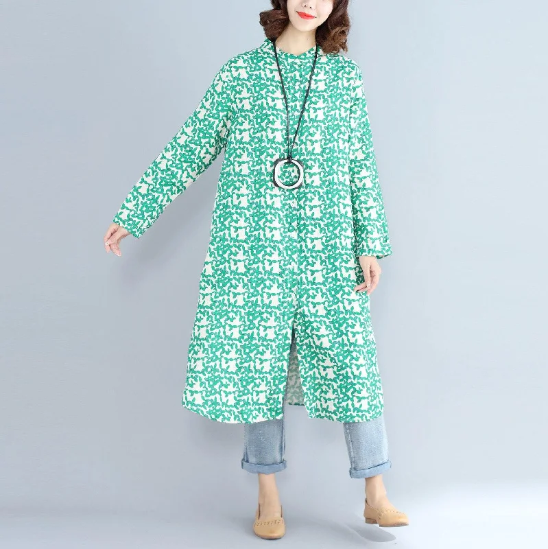 2018green print long cotton linen dresses plus size clothing Stand cotton linen gown casual long sleeve side open baggy dresses Stylish Plus Size