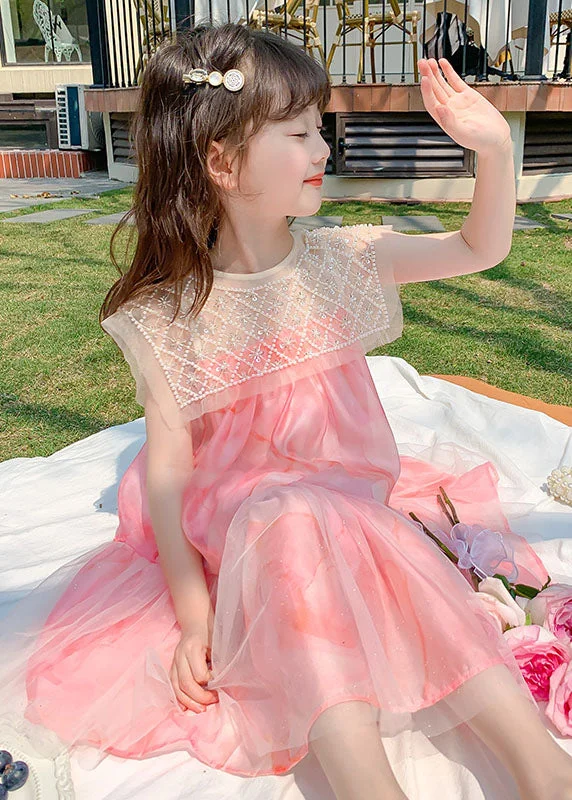 Stylish Pink Nail Bead Wrinkled Patchwork Tulle Kids Girls Dress Summer Tulle Bridesmaid Dress