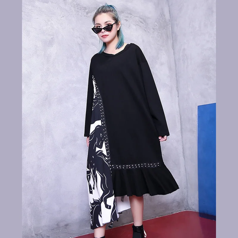 Fine black natural plus size clothing dress patchwork asymmetrical design Elegant v neck baggy dresses Plus Size Fitted