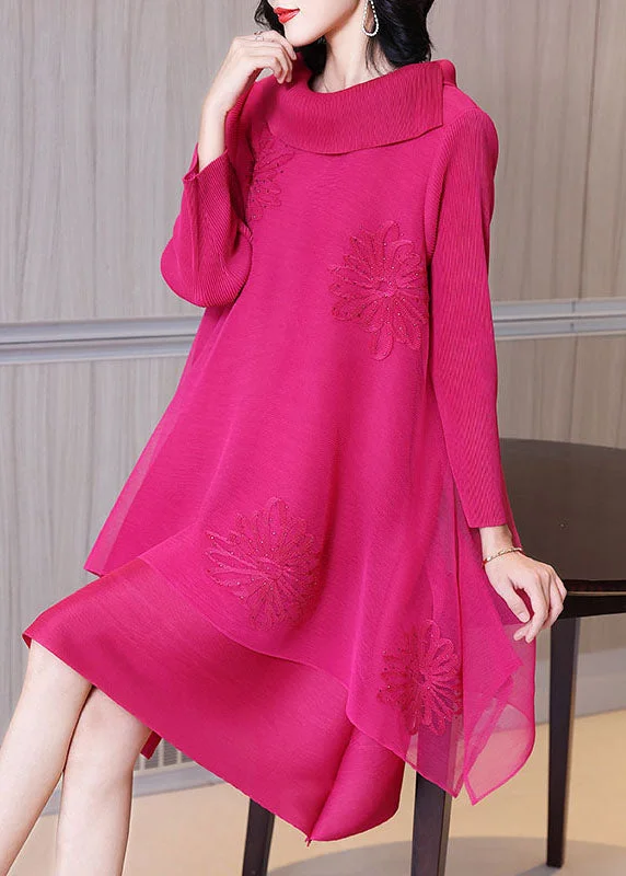 Women Rose Asymmetrical Patchwork Nail Bead Tulle Vacation Long Dresses Long Sleeve Tulle Dress Fashion