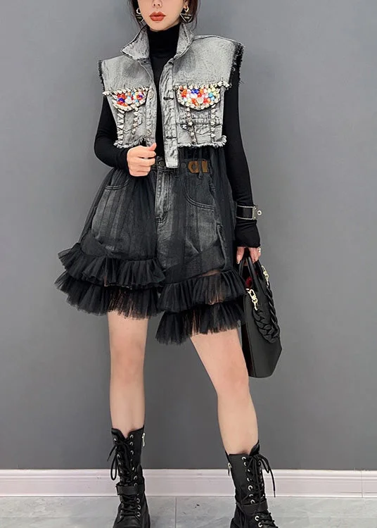 Art Black Stand Collar Tulle Patchwork Denim Mid Dress Long Sleeve Tulle Dress Outfit Art Black Stand Collar Tulle Patchwork Denim Mid Dress Long Sleeve Tulle Dress Outfit