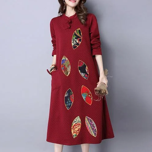 red embroidery vintage cotton women dresses plus size long sleeve maxi warm dress Plus Size Tunic