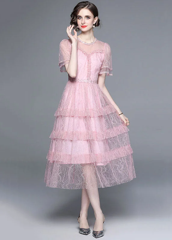 French Pink Ruffled Nail Bead Patchwork Tulle Long Dresses Summer Soft Layered Tulle French Pink Ruffled Nail Bead Patchwork Tulle Long Dresses Summer Soft Layered Tulle