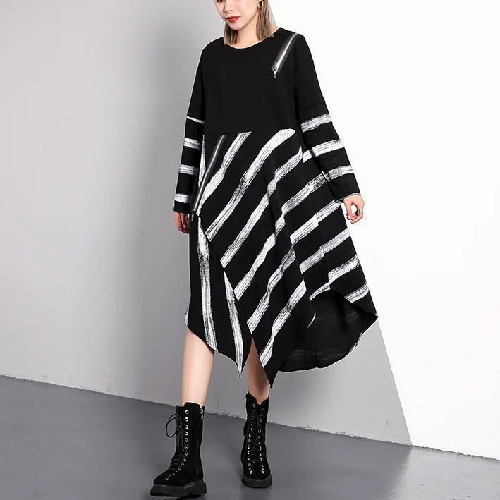 fine black striped 2018 fall plus size dresses asymmetrical design vintage O neck cotton blended dress Plus Size Trendy