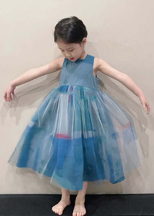 Art Peacock Blue O Neck Wrinkled Patchwork Tulle Kids Girls Long Dress Sleeveless Tulle Midi Dress