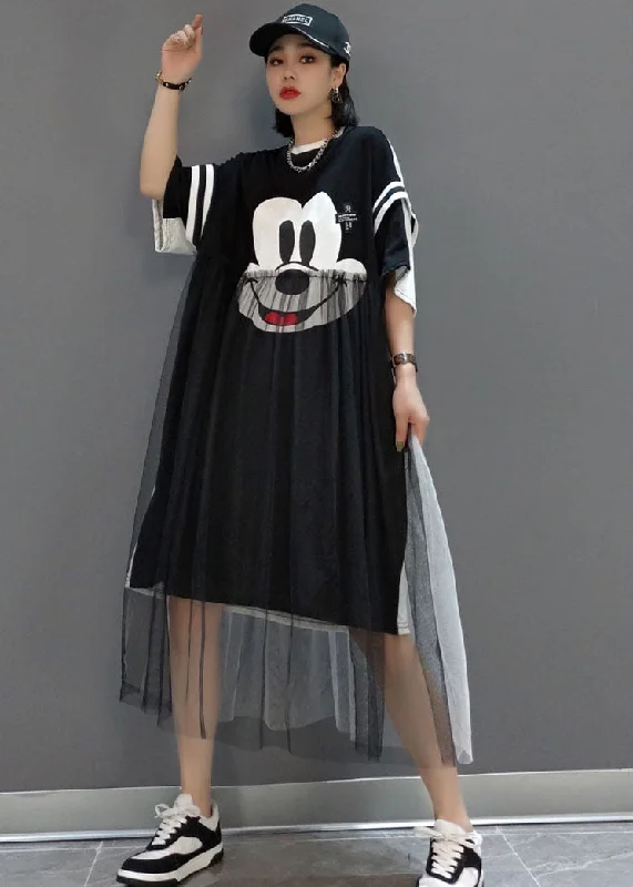 Handmade Black Tulle Patchwork Dress Short Sleeve Off-shoulder Tulle Dress