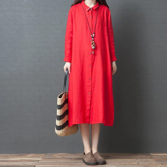 2024 spring new red linen shirt dress casual plus size long sleeve maxi dress Plus Size Blouson