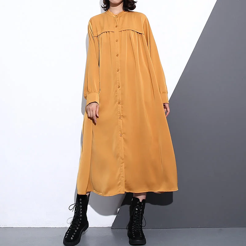 New yellow silk cotton blended caftans plus size clothing stand collar silk cotton blended clothing dress fine pockets Cinched caftans Plus Size Frock