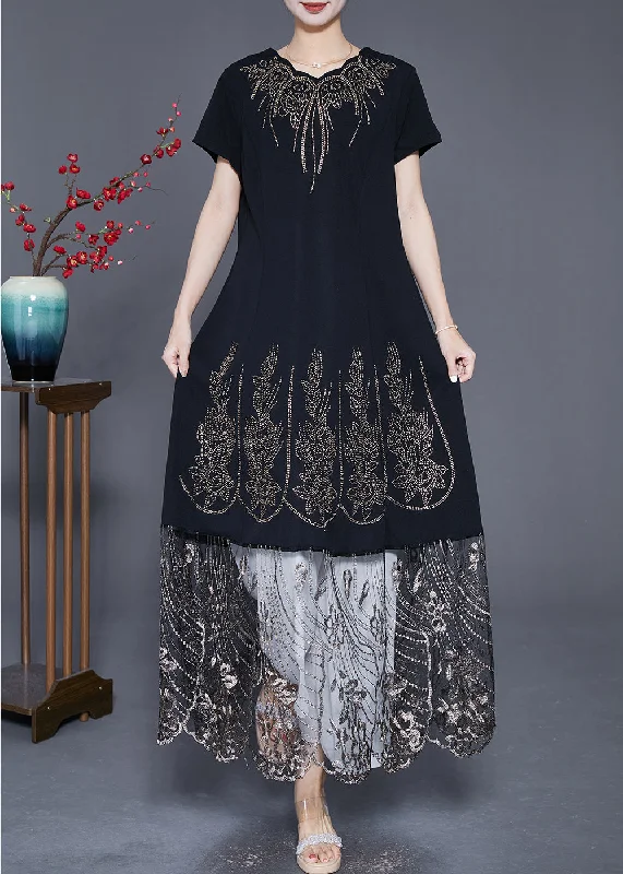 Bohemian Black Embroideried Tulle Patchwork Zircon Cotton Dress Summer Black Tulle Dress Bohemian Black Embroideried Tulle Patchwork Zircon Cotton Dress Summer Black Tulle Dress
