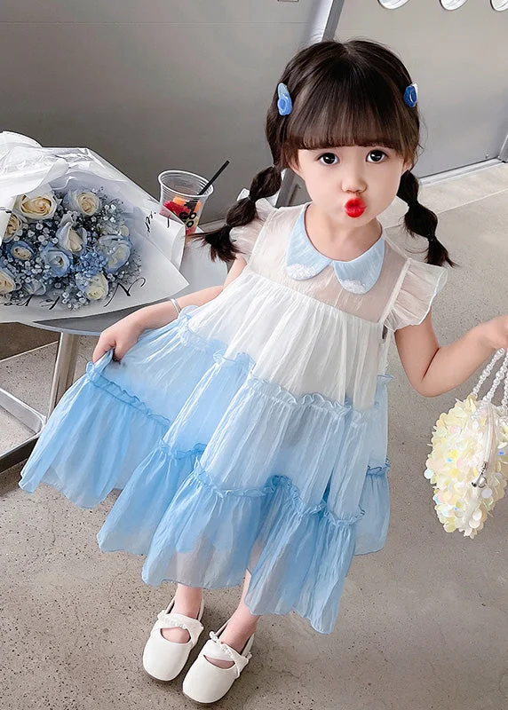 Blue Peter Pan Collar Kids Tulle Long Dresses Summer Elegant Tulle Gown