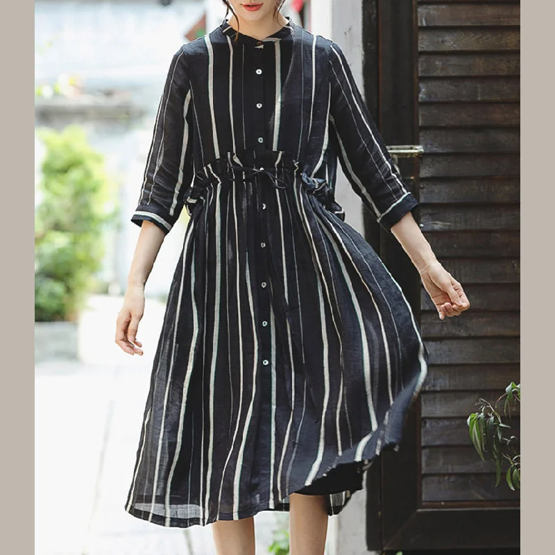 fashion black striped long linen dress trendy plus size o neck large hem linen clothing dresses women Three Quarter sleeve tie waist maxi dresses Flattering Plus Dress