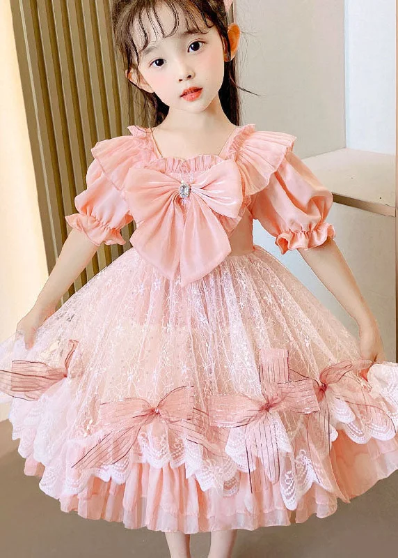 Boutique Pink Ruffled Bow Patchwork Tulle Kids Girls Dress Summer Tulle Dress Trendy