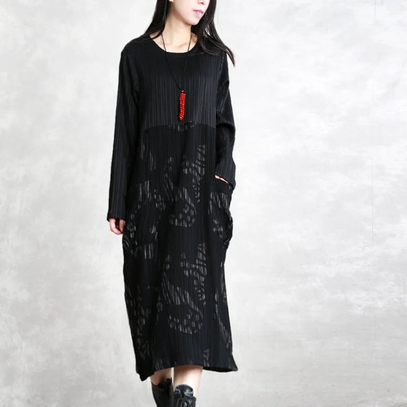 fine black striped autumn cotton blended dress plus size clothing O neck patchwork cotton blended gown casual long sleeve pockets maxi dresses Plus Size Day