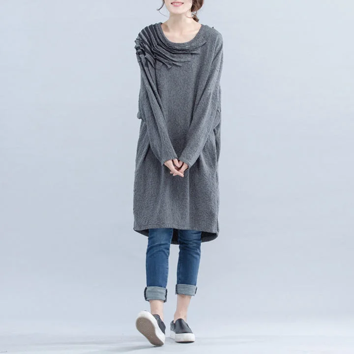 light gray unique cotton dress plus size Cinched batwing sleeve dress Plus Size Romper