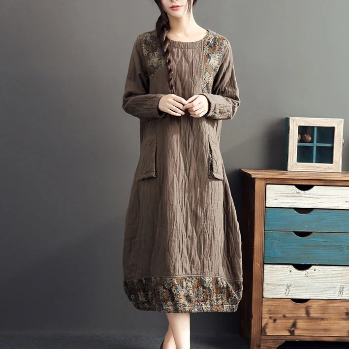 winter warm khaki prints patchwork cotton dresses linen plus size casual long sleeve thick dress Plus Size Lace