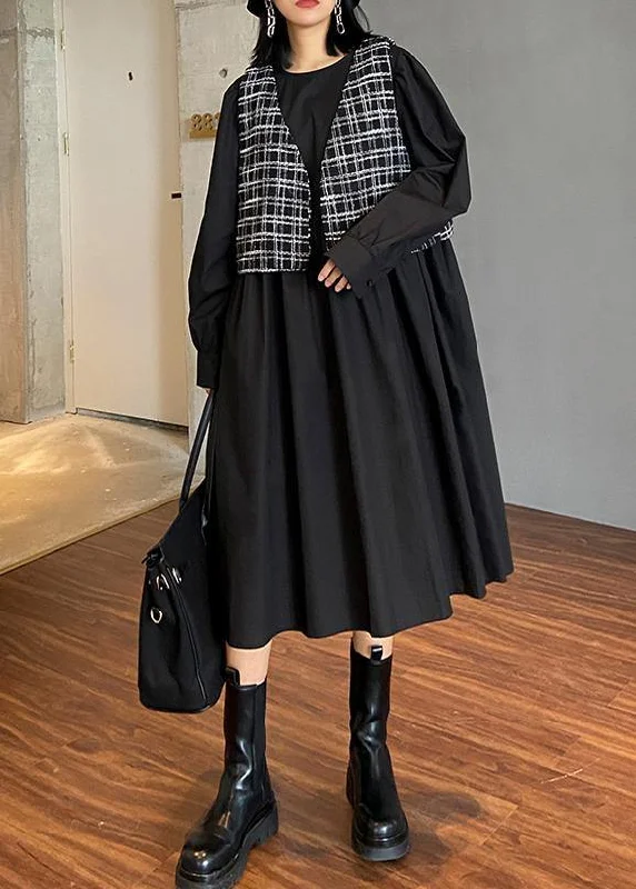 Elegant o neck patchwork plaid clothes Inspiration black Plus Size Dress Plus Size Maxi