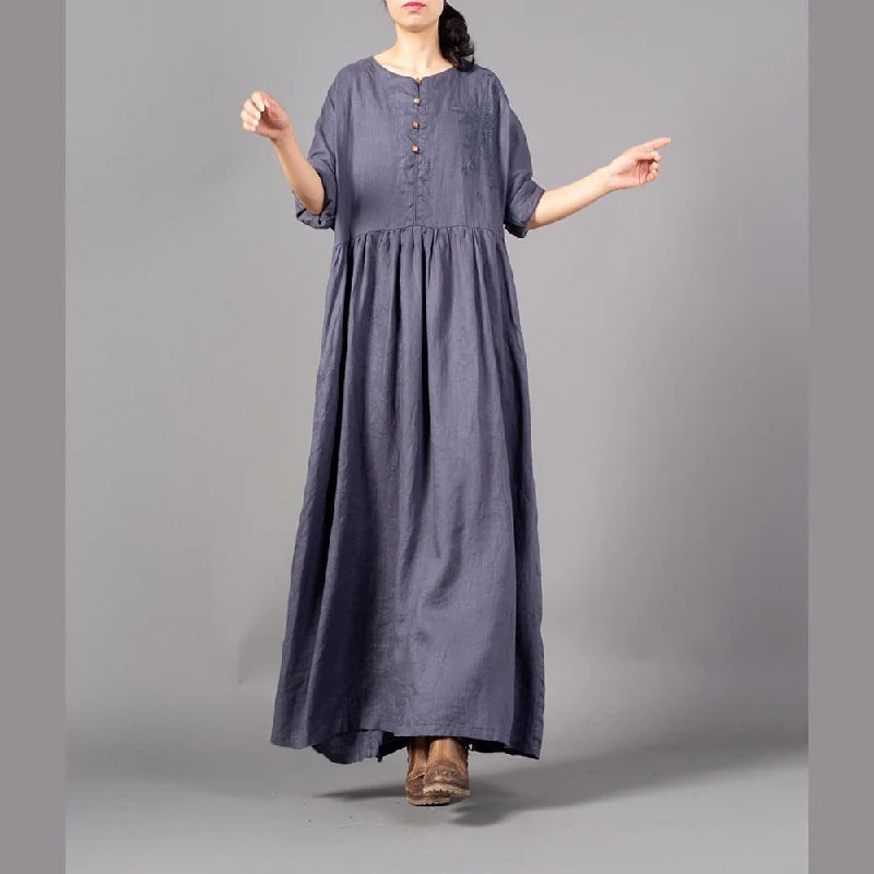 Fine gray embroidery long linen dresses plus size O neck gown 2018 Cinched linen caftans Plus Size A-line