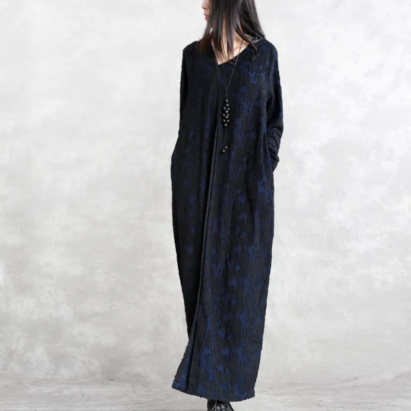 fashion dark blue Jacquard cotton blended dresses plus size V neck asymmetric linen clothing dress casual long sleeve baggy dresses Plus Size Skater