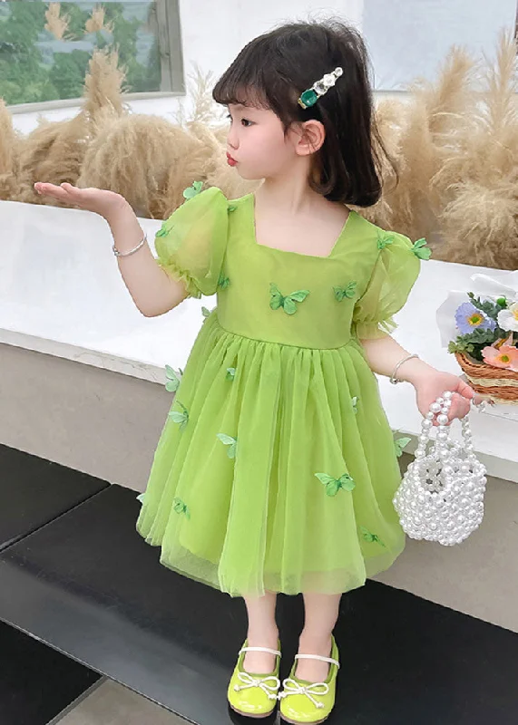 Beautiful Green Square Collar Patchwork Tulle Girls Long Dresses Short Sleeve Sweet Tulle Dress