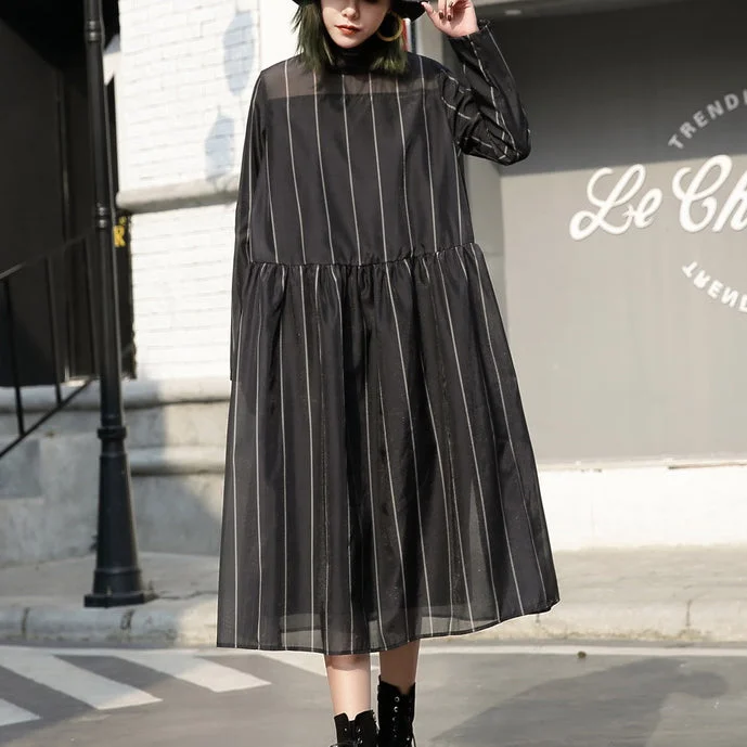 fashion black long tulle dress plus size striped cotton caftans New stand collar maxi dresses Comfortable Plus Dress