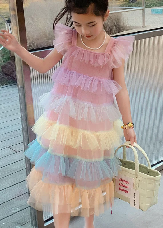 Unique Pink Ruffled Layered Patchwork Tulle Baby Girls Dress Sleeveless Stylish Tulle Gown