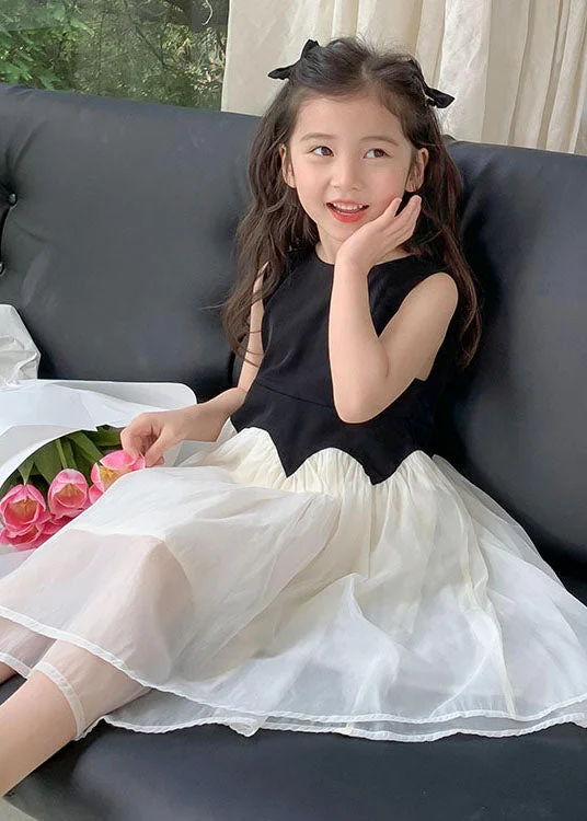 Fine Black O Neck Wrinkled Patchwork Tulle Kids Girls Dress Sleeveless Tulle Dress Sparkly