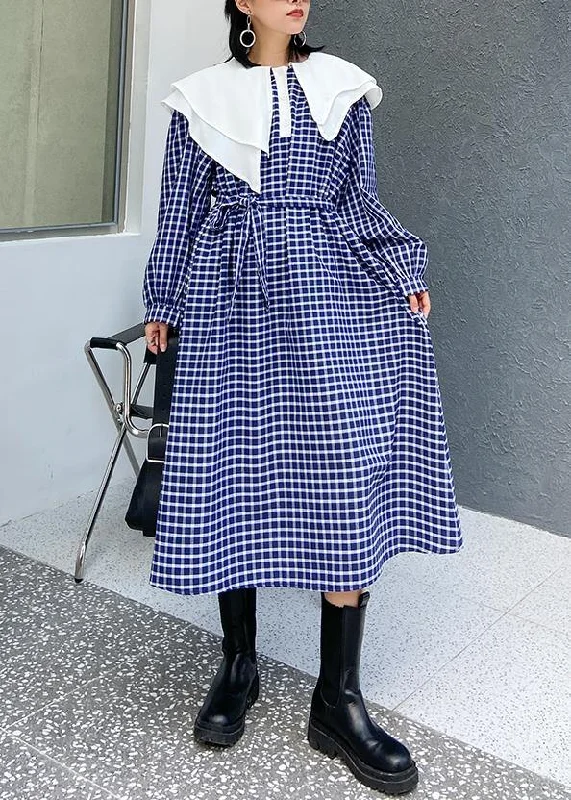 Beautiful Ruffled tie waist cotton fall clothes Outfits blue plaid Plus Size Dress Stylish Plus Dress