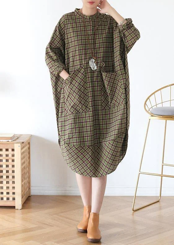 Vivid green plaid quilting clothes pockets Plus Size fall Dress Plus Size Ruffle