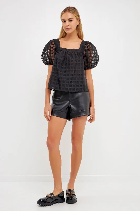 Organza Gridded Square Neck Crop Top