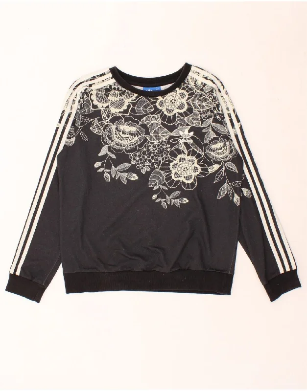 ADIDAS Womens Sweatshirt Jumper UK 12 Medium  Black Floral Cotton Layering sweaters