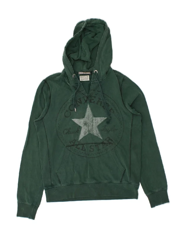 CONVERSE Womens Oversized Graphic Hoodie Jumper UK 10 Small Green Cotton Cardigan sweaters