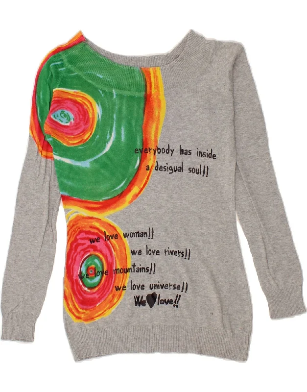 DESIGUAL Womens Graphic Boat Neck Jumper Sweater UK 10 Small Grey Expensive sweaters