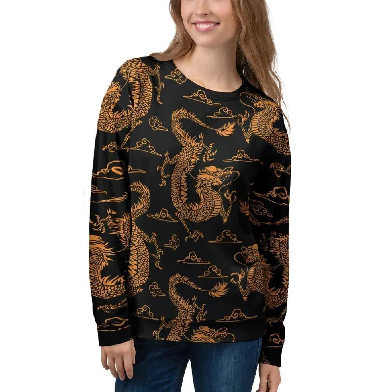 Gold Janpanese Dragon Print Women's Sweatshirt Cashmere sweaters