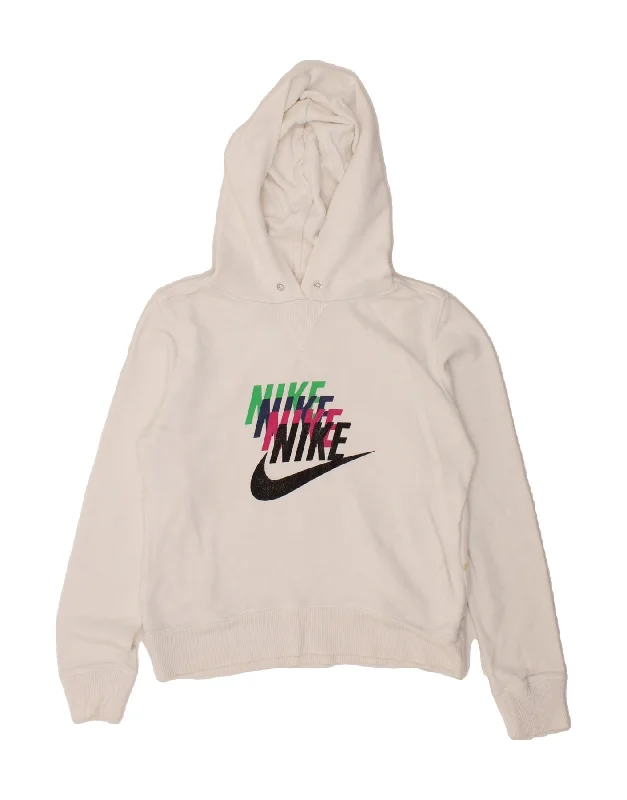 NIKE Womens Graphic Hoodie Jumper UK 10/12 Medium White Cotton Best sweaters for fall