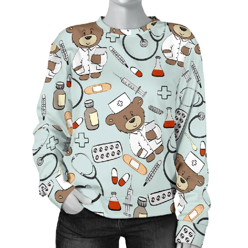 Teddy Bear Nurse Pattern Print Women's Sweatshirt Anti-pilling sweaters