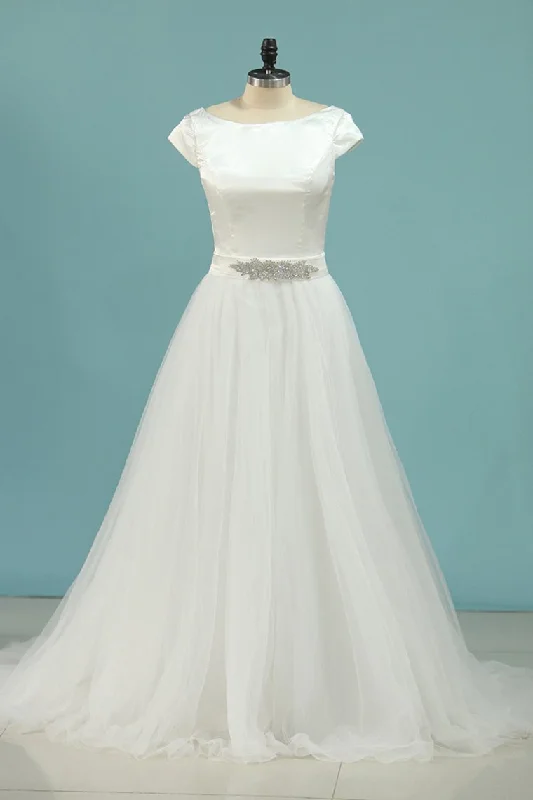 2024 A Line Bateau Short Sleeves Satin & Tulle With Beads Wedding Dresses Modern Bridal Gown