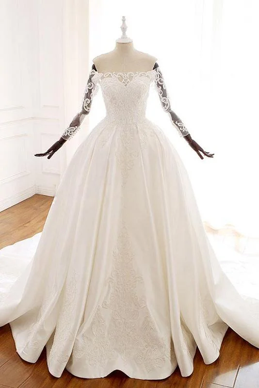 Ball Gown Long Sleeves Wedding Dress With Lace Appliques, Satin Bridal Gown N2582 Soft Lace Gown Ball Gown Long Sleeves Wedding Dress With Lace Appliques, Satin Bridal Gown N2582 Soft Lace Gown