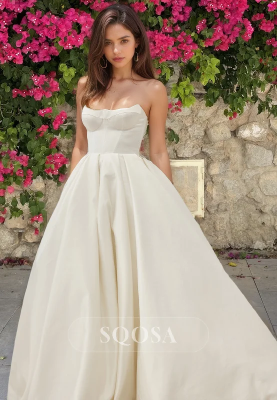 Simple Sweetheart Sleeveless A-Line Bridal Gown Off-Shoulder Satin Wedding Dress with Train Full Skirt Wedding