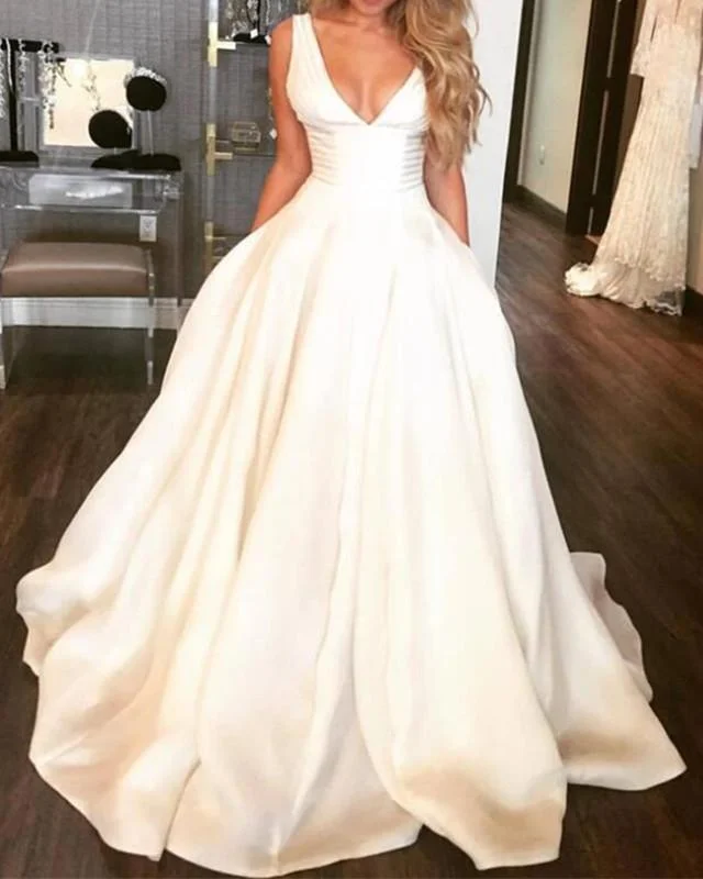 Flawless Satin V Neck Wedding Dresses Ball Gowns Chic Bridal Gown