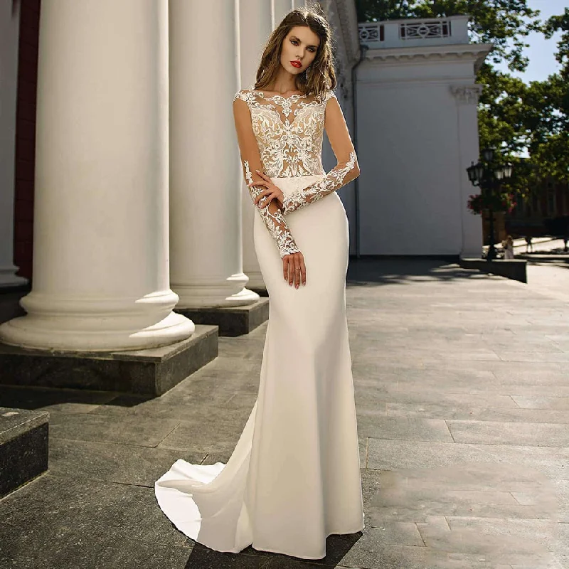 High Neck Satin Long Sleeve Lace Mermaid Trumpet Wedding Bridal Gown Lace V-neck Dress High Neck Satin Long Sleeve Lace Mermaid Trumpet Wedding Bridal Gown Lace V-neck Dress