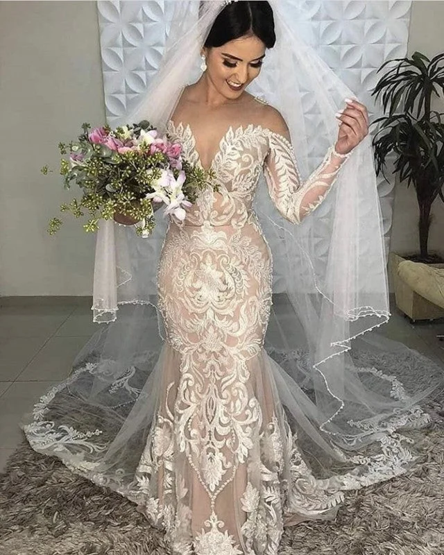 Ivory Lace Embroidery Mermaid Wedding Dress Long Sleeves Beaded Lace Wedding