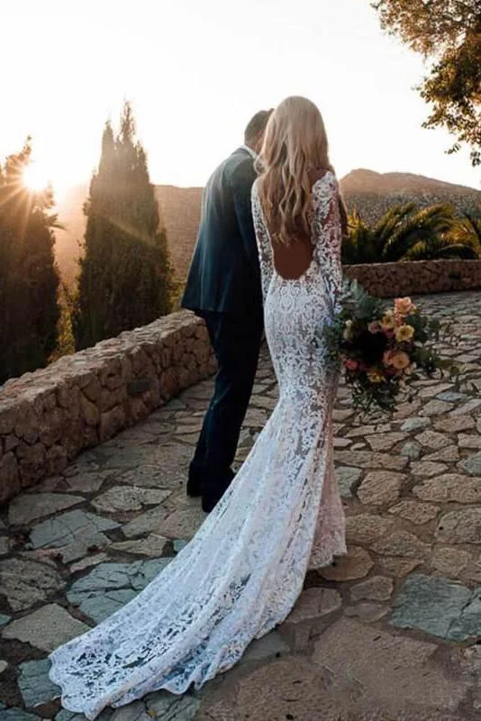 Long Sleeve Lace V Neck Boho Wedding Dress Beach Wedding Gown N1479 Lace Sleeveless Dress