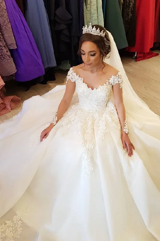 Off-the-shoulder A-Line Wedding Dress With Long Sleeves Appliques Short Wedding Gown