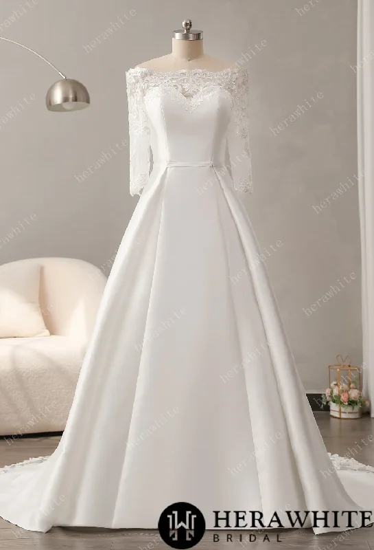 Off The Shoulder Neckline Wedding Dress with Lace Back Long Sleeve Gown