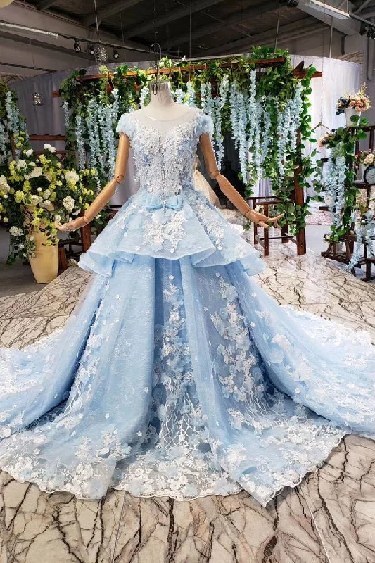 Princess Light Sky Blue Prom Dress with Flowers, Ball Gown Quinceanera Dress DMP50 Sheer Wedding Dress