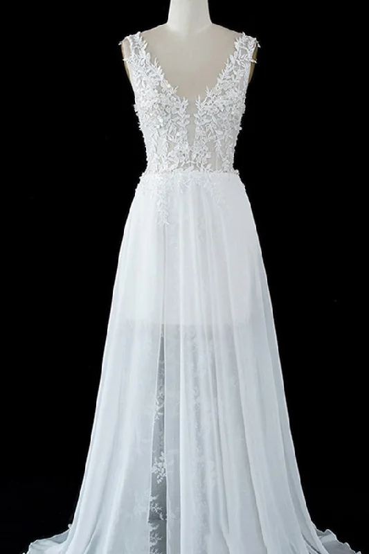 Sheer Tulle A-line Wedding Dress With Lace Split Straps Wedding Gown Set